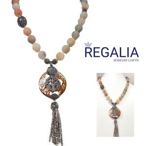 🤩Exotic Earth Tone Druzy Short Necklace w/Tree of Life Stone Tassel Pendant ✨